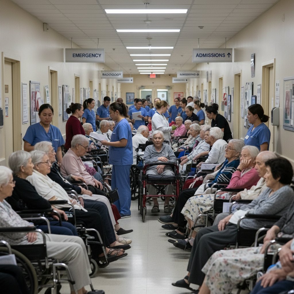 Szpitalne korytarze pełne łóżek z seniorami, widoczne przepełnienie