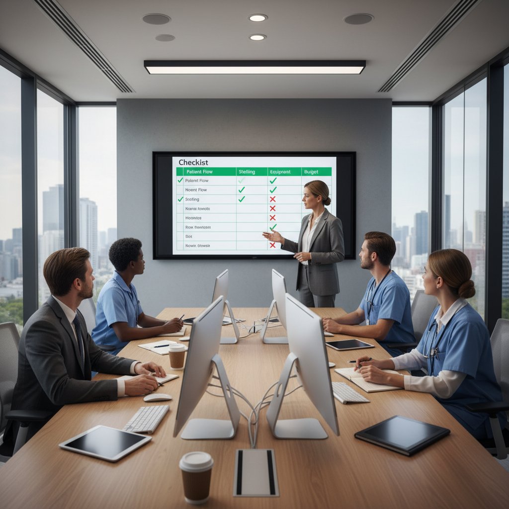 Dyrektor szpitala z zespołem podczas narady, plansza z listą kontrolną na tle nowoczesnych komputerów
