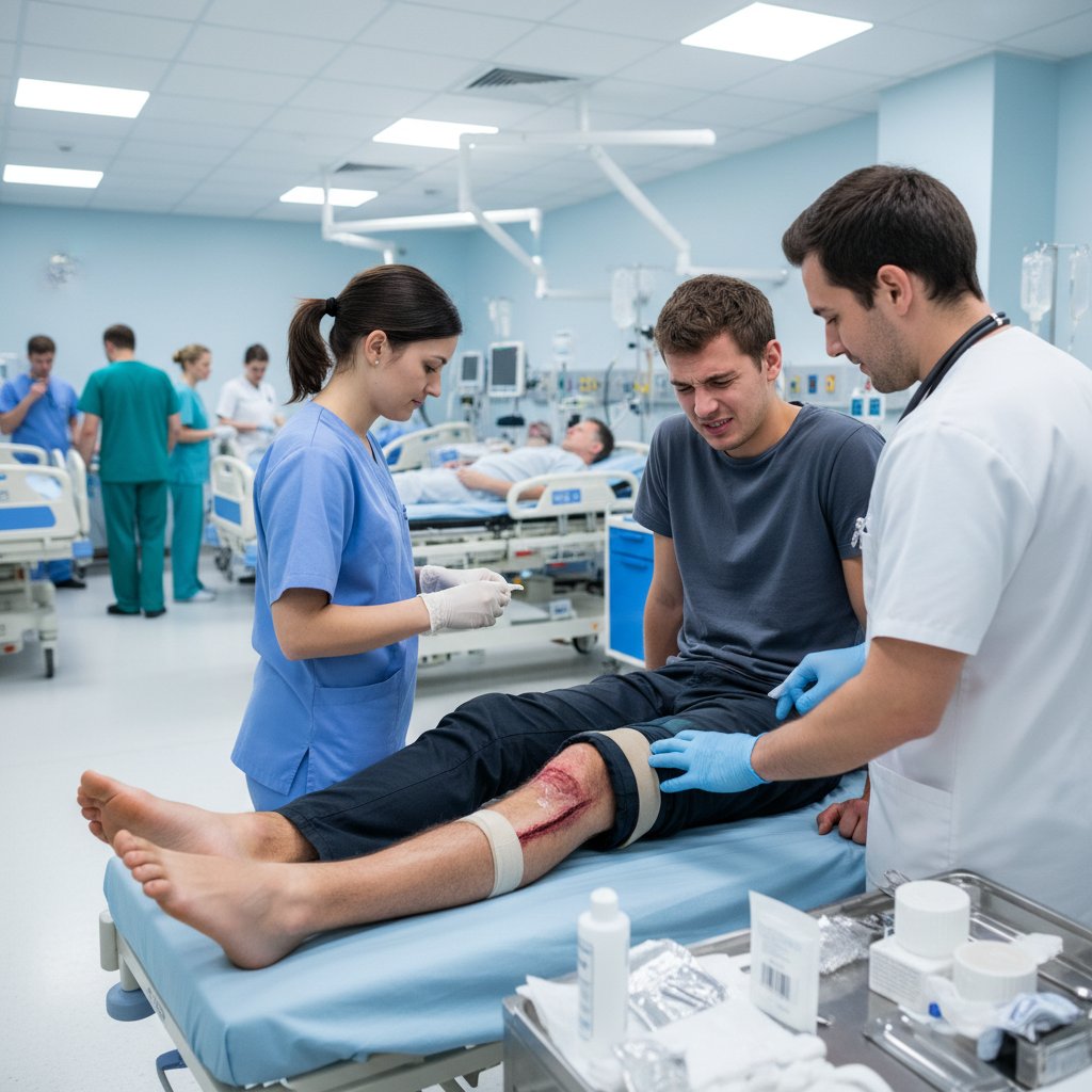 Zdjęcie szpitalnego oddziału ratunkowego, pacjent z opatrunkiem na nodze po powikłaniach rany tłuczonej