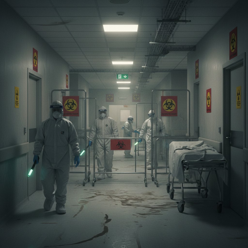 Korytarz szpitalny z ostrzeżeniami, personel w ochronie, norowirus w szpitalu