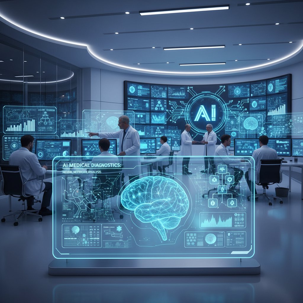 Nowoczesne wnętrze szpitala z ekranami komputerów, sztuczna inteligencja, analiza medyczna