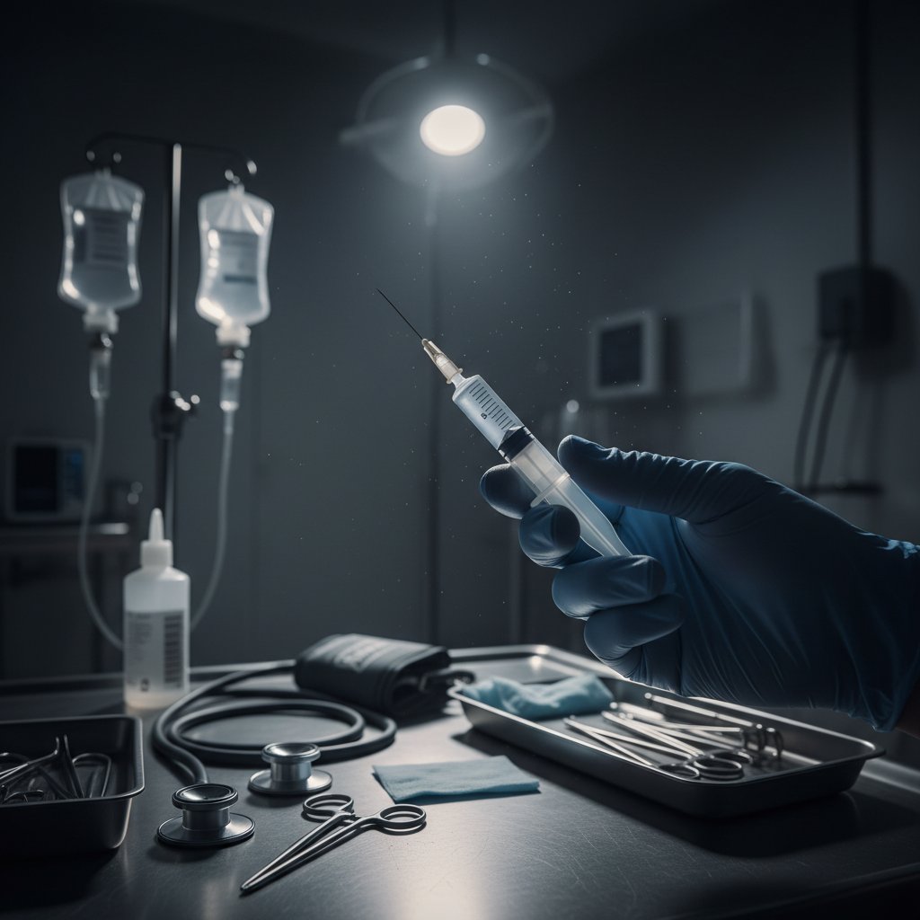 Ręka w sterylnej rękawiczce trzymająca strzykawkę w szpitalnej scenerii nocą – symbol ryzyka i rutyny nakłucia