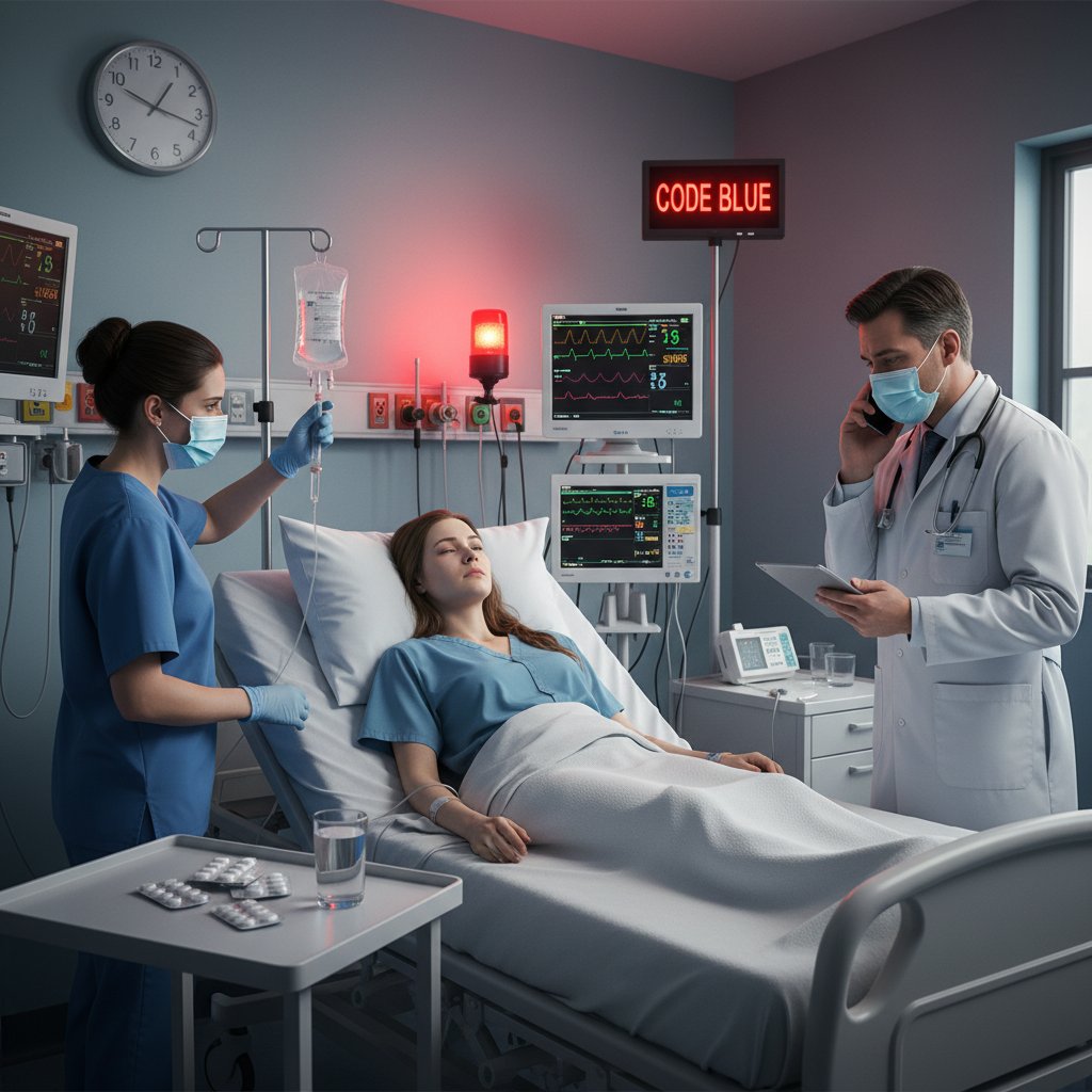 Szpitalna sala, personel medyczny przy łóżku pacjenta, słowa kluczowe: zatrucie aspiryną, skutki uboczne, hospitalizacja