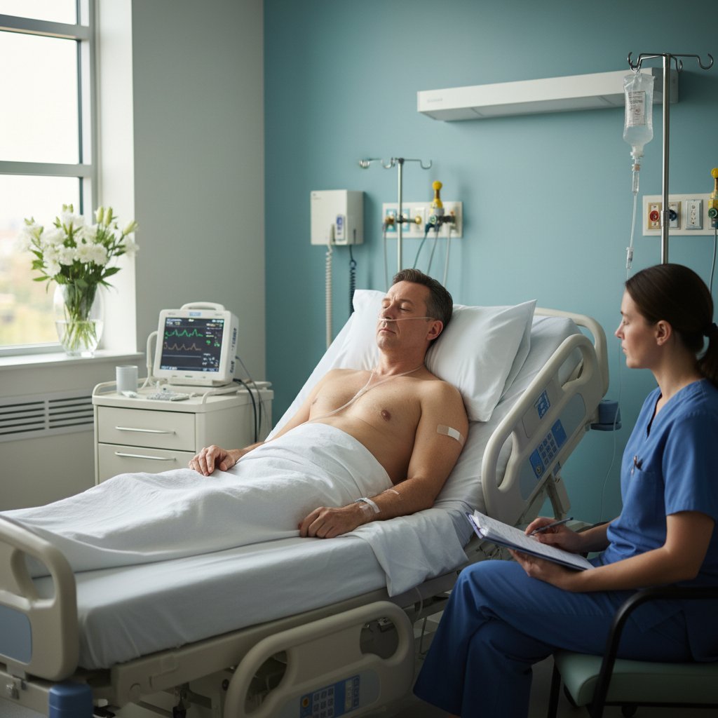 Szpitalna sala pooperacyjna z pacjentem po torakoskopii i zespołem medycznym