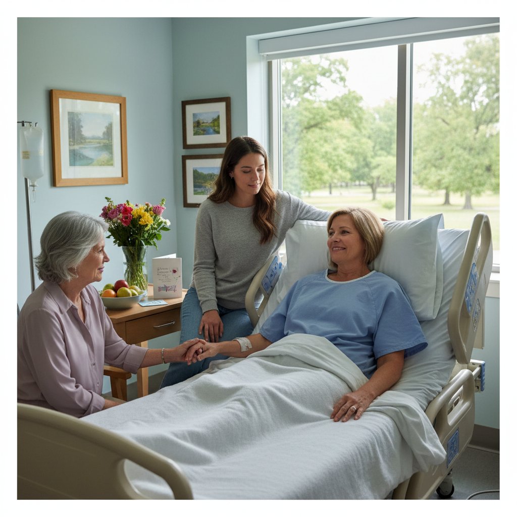 Szpitalna sala po zabiegu – pacjent w objęciach bliskiej osoby, atmosfera wsparcia