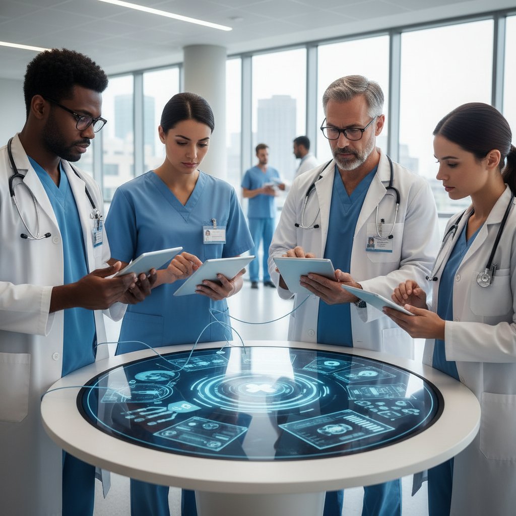 Hospital team coordinating care with digital tablets, focused clinical information management teamwork