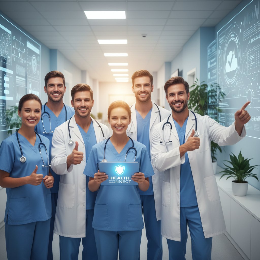 Team von Pflegekräften und Ärzt:innen lacht zusammen auf Klinikflur, symbolisiert neue Resilienz durch digitale und klassische Unterstützung