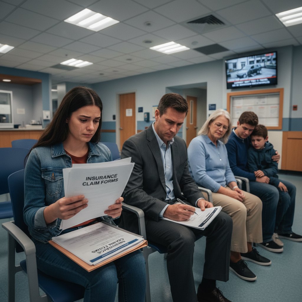 Hospital waiting room uninsured driver accident aftermath with family holding insurance forms
