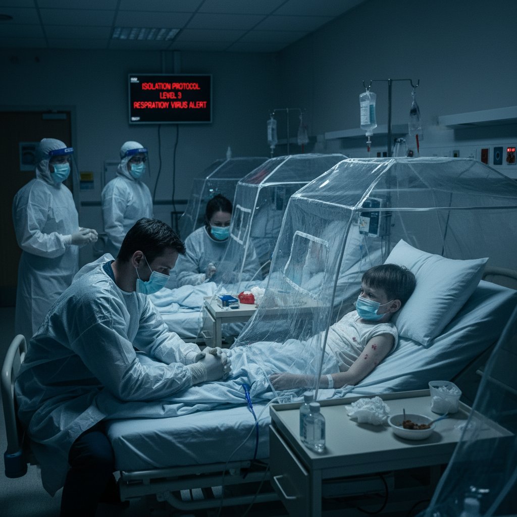 Zdjęcie zatłoczonego oddziału szpitalnego, łóżka z dziećmi i rodzicami, napięta atmosfera, słowa kluczowe: adenowirus, oddział szpitalny, infekcja