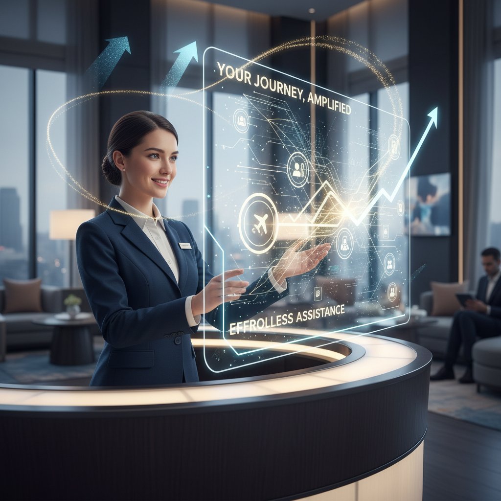 Hospitality support systems as inspiration for real estate innovation, showing a concierge desk with digital overlays