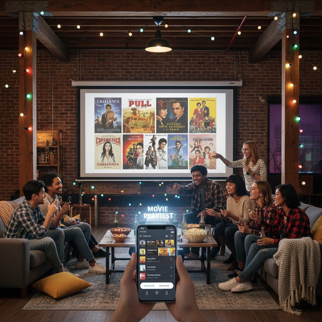 Host using smartphone to build a dynamic movie playlist at a lively party, screen glowing with movie titles