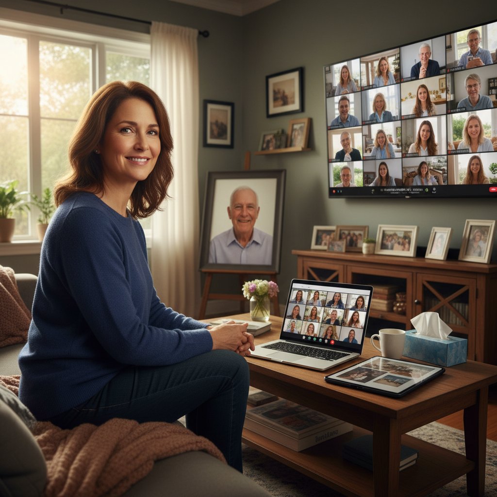 Host facilitating a virtual memorial via laptop with emotional engagement, living room scene, seamless digital remembrance
