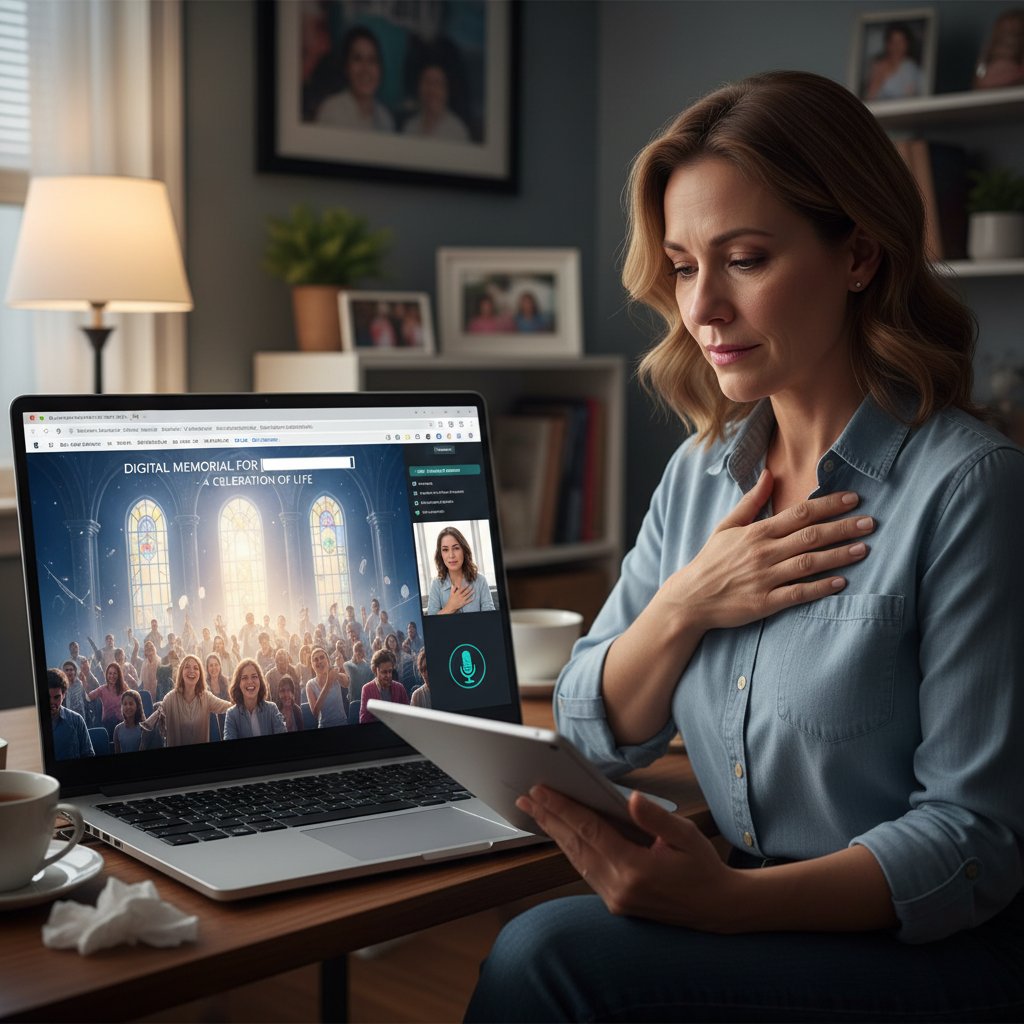 Host rehearsing digital memorial event, creating emotional script for digital memorial event hosting