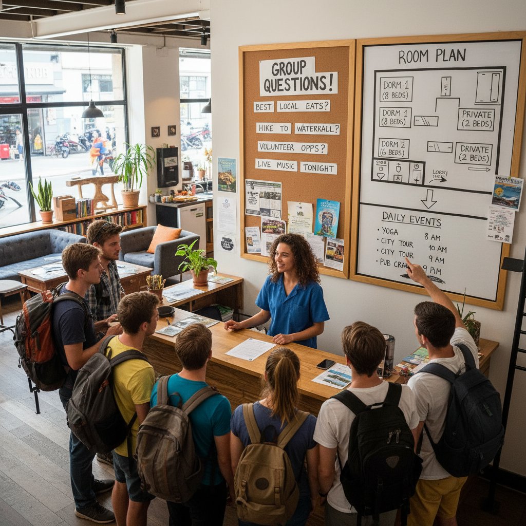 Recepcjonista hostelu odpowiada na pytania grupy, tablica informacyjna, widoczny plan pokoi