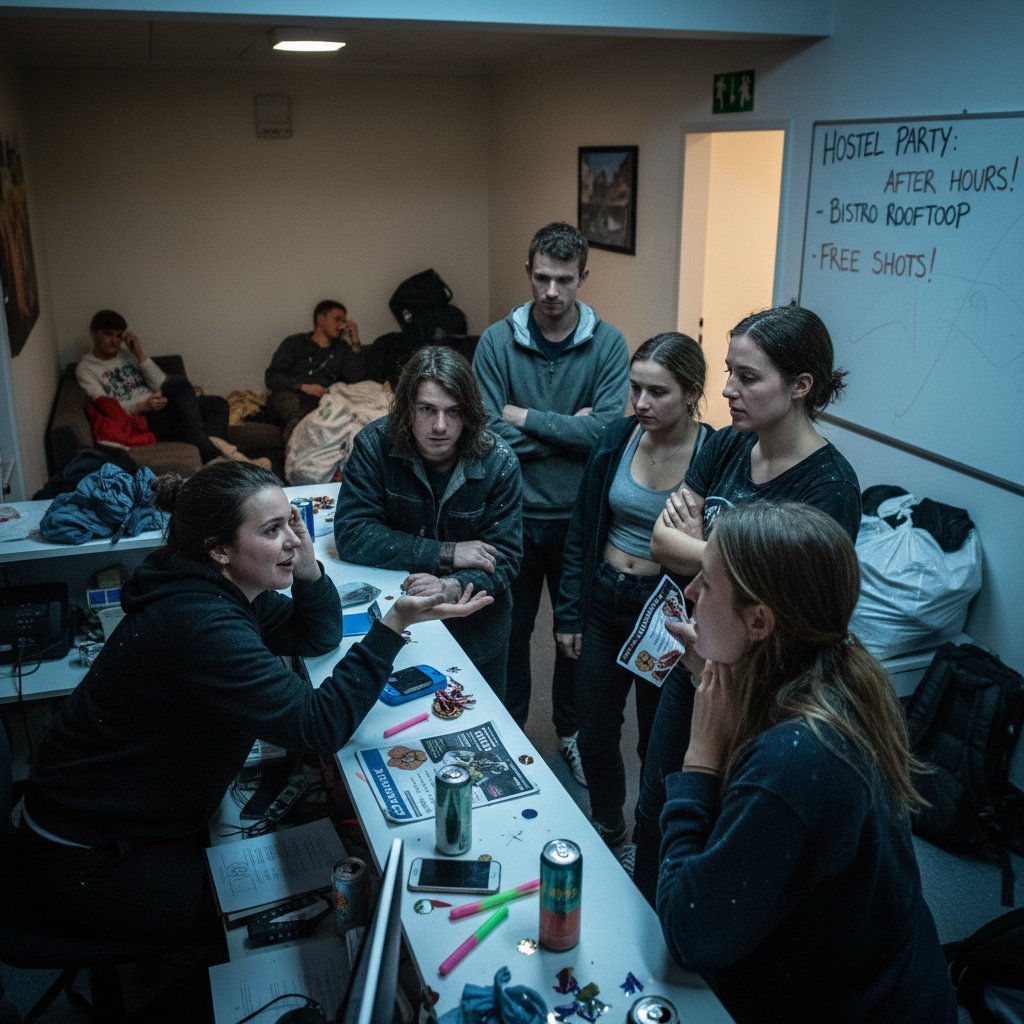 Recepcjonistka hostelu prowadzi rozmowę z grupą po nocnych wydarzeniach, wyraźna atmosfera negocjacji
