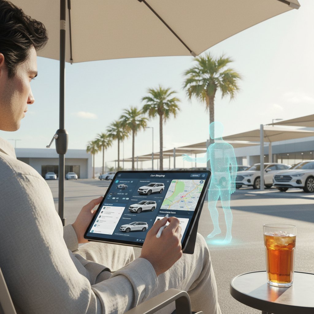 A driver consulting futurecar.ai on a tablet while parked under a shady tree, surrounded by sunlit vehicles