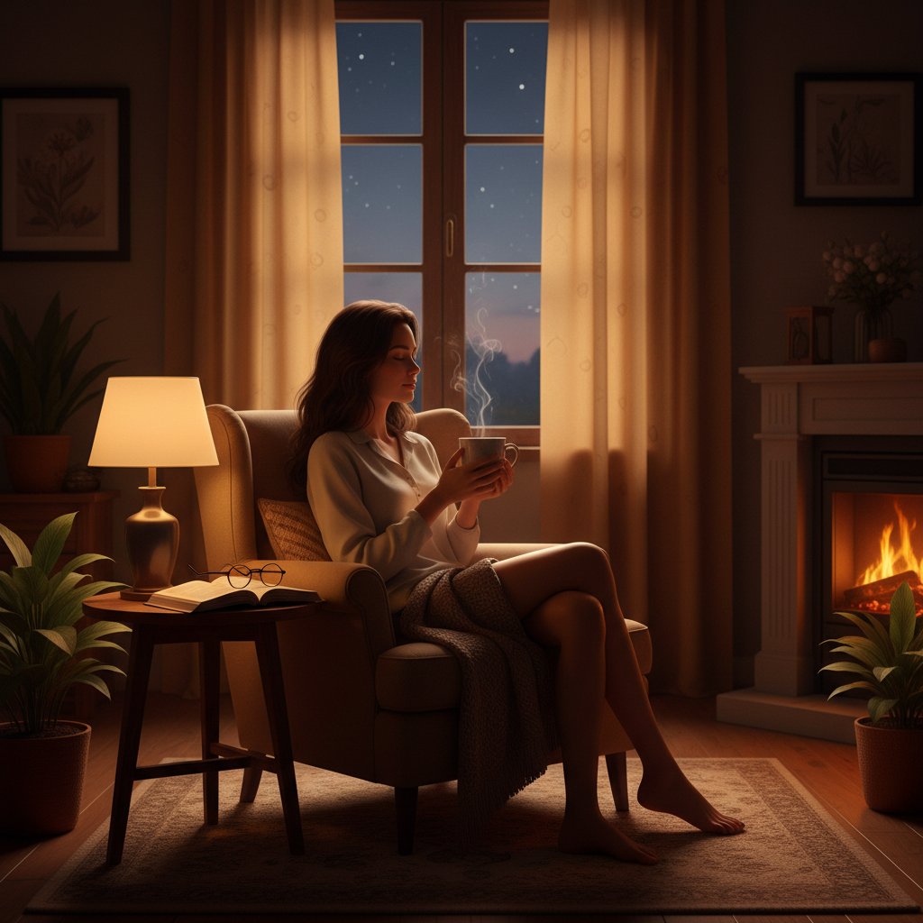 Osoba trzymająca filiżankę herbaty, wyciszenie wieczorne, ciepłe światło, relaks