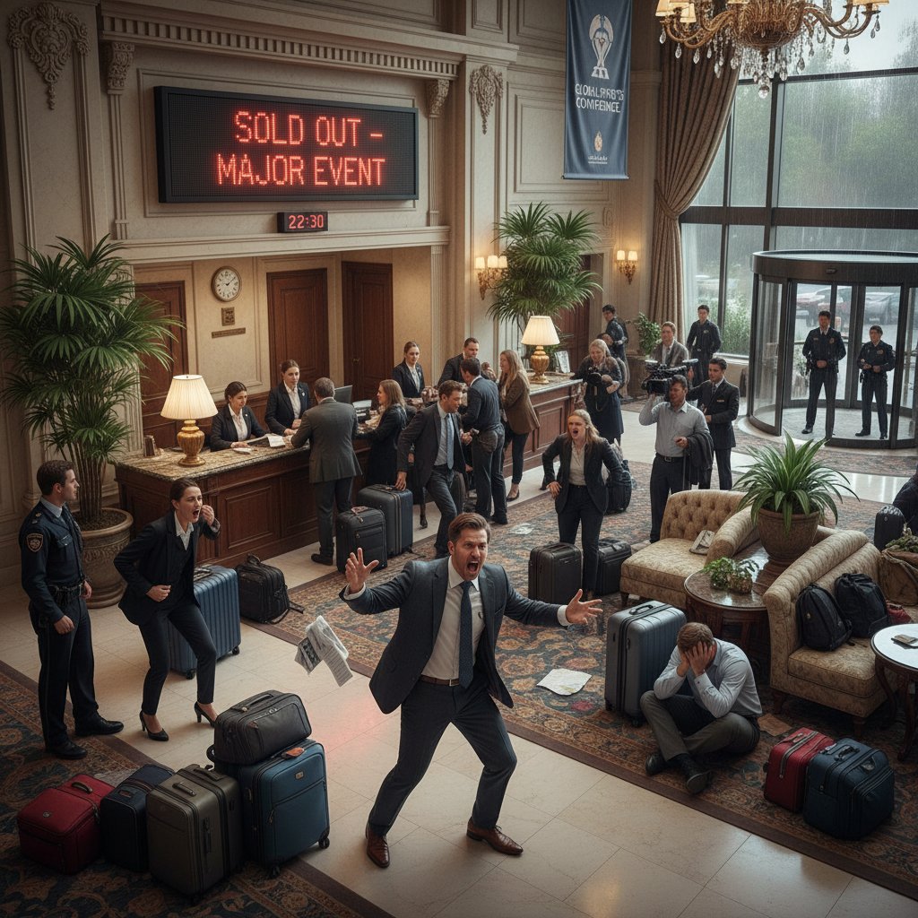 Tłum ludzi przed hotelem podczas dużego wydarzenia, wywieszka „brak miejsc”, wzburzony podróżnik