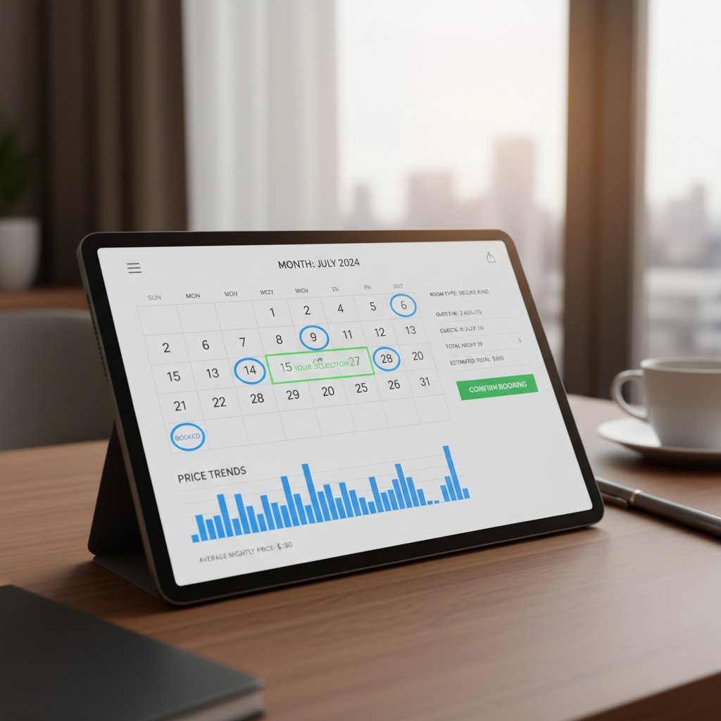 Rezerwowanie hotelu z dużym wyprzedzeniem – kalendarz z podkreślonymi datami rezerwacji i wykres cen