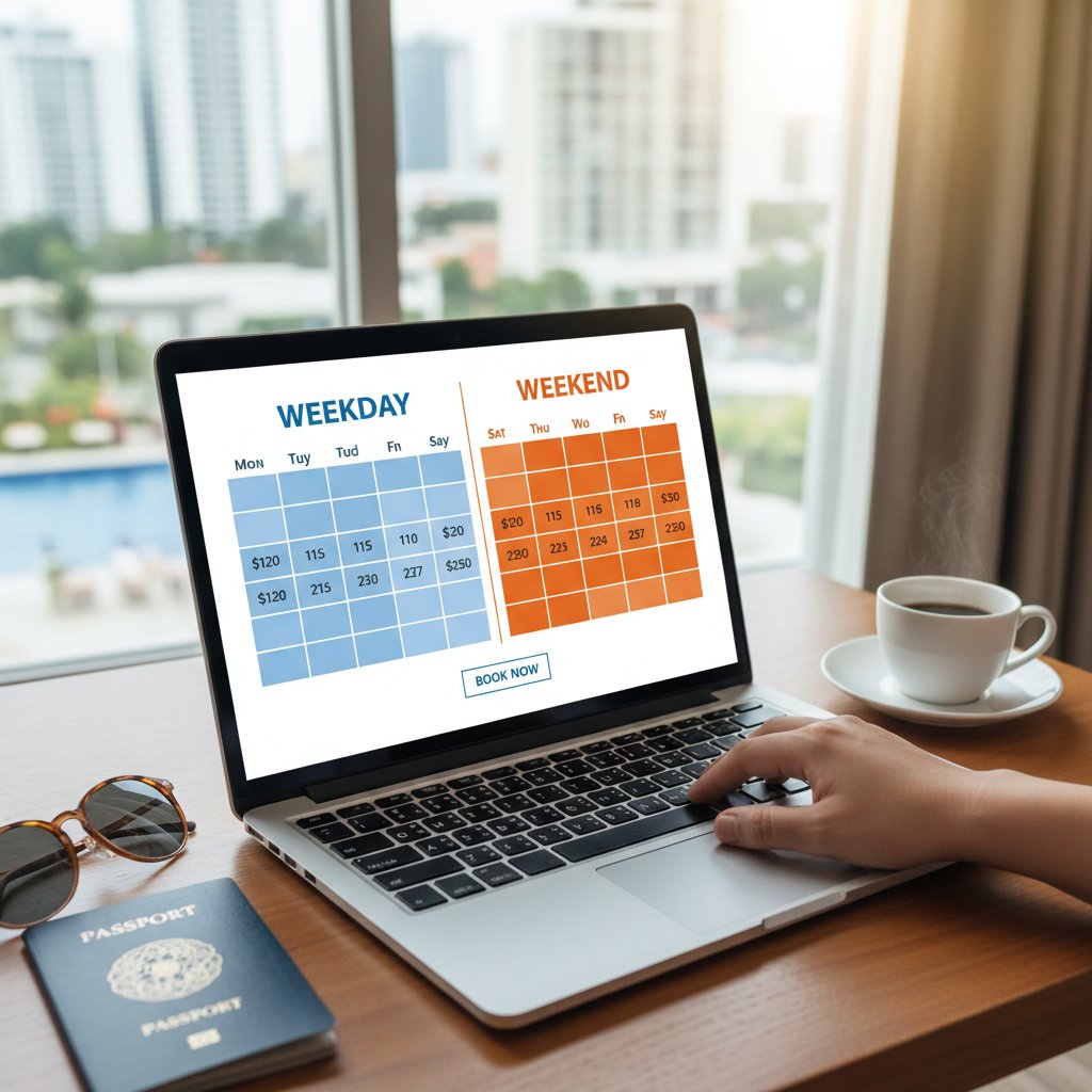 Podróżujący analizujący ceny hoteli na różnych dniach tygodnia z widokiem na kalendarz i ceny na ekranie laptopa