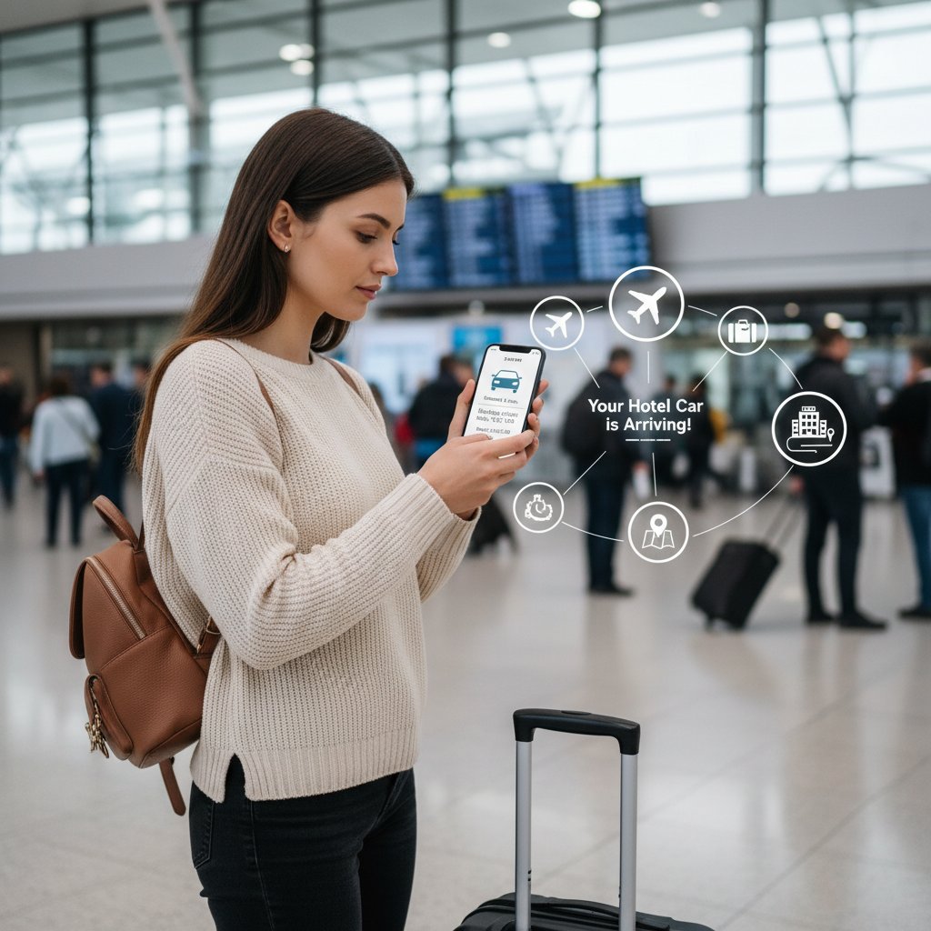 Traveler planning trip with multi-modal alerts for hotels, cars, and activities, checking phone in lively setting