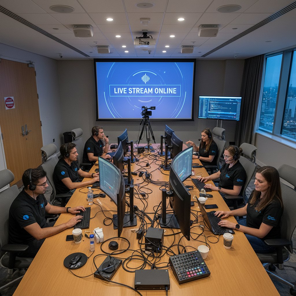 Sala hotelowa z zaawansowanym sprzętem IT, zespół przy komputerach, ekran z transmisją