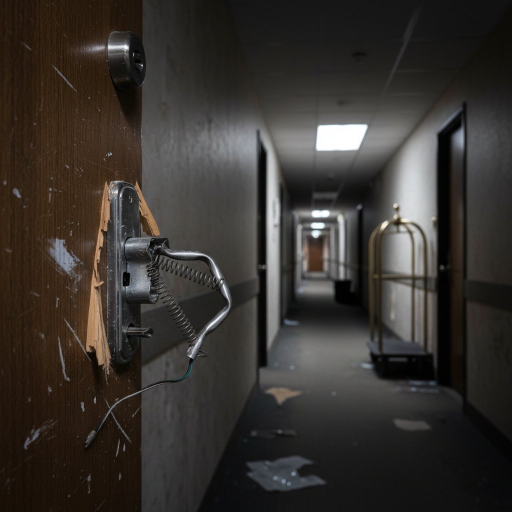 Korytarz hotelowy z uszkodzonym zamkiem, słabe oświetlenie, zagrożenie bezpieczeństwa