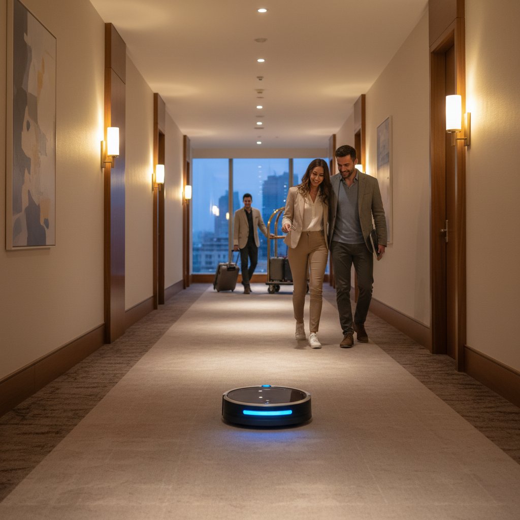 Robot sprzątający na korytarzu hotelowym wśród gości