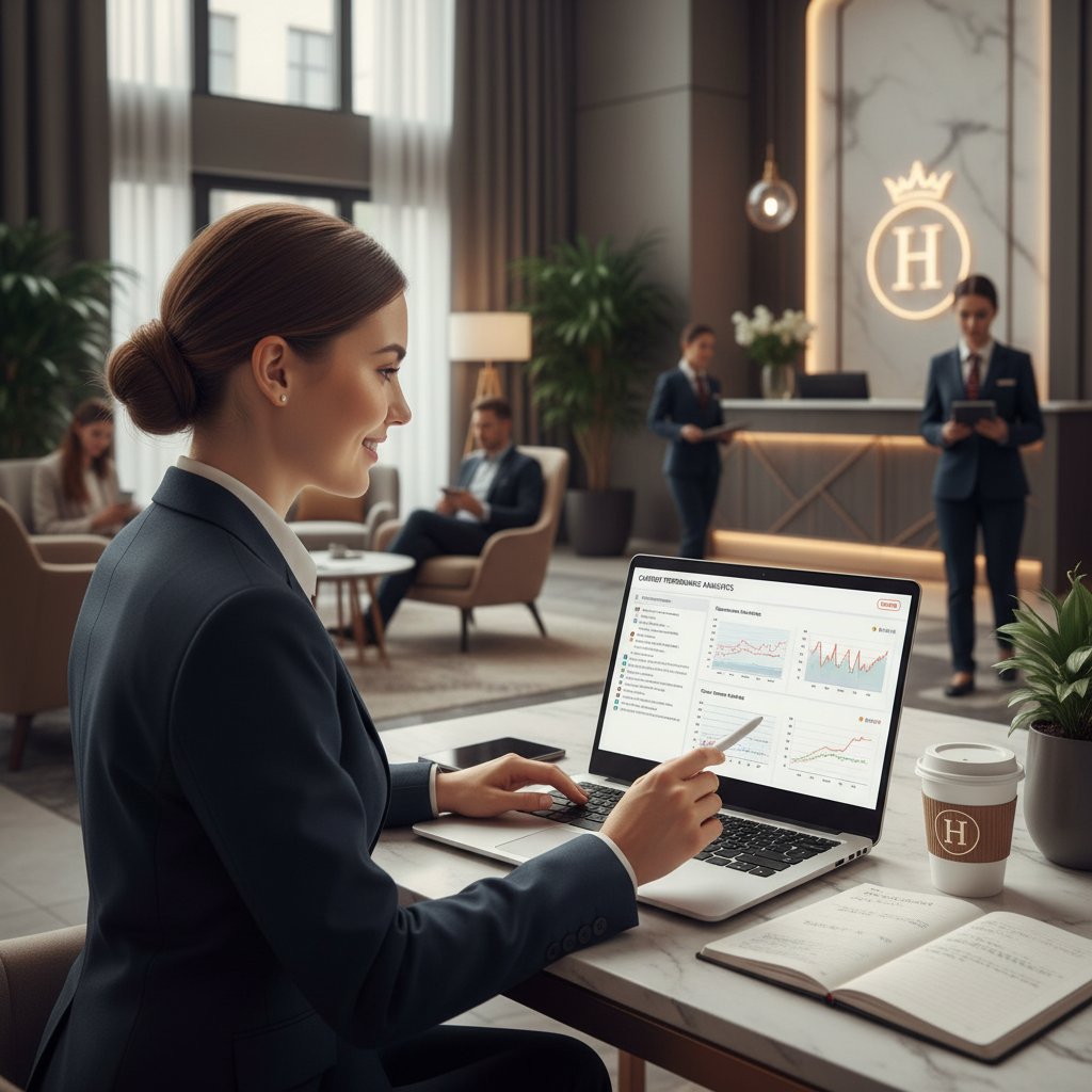 Pracownik hotelu analizujący dane z systemu chatbotowego na ekranie laptopa