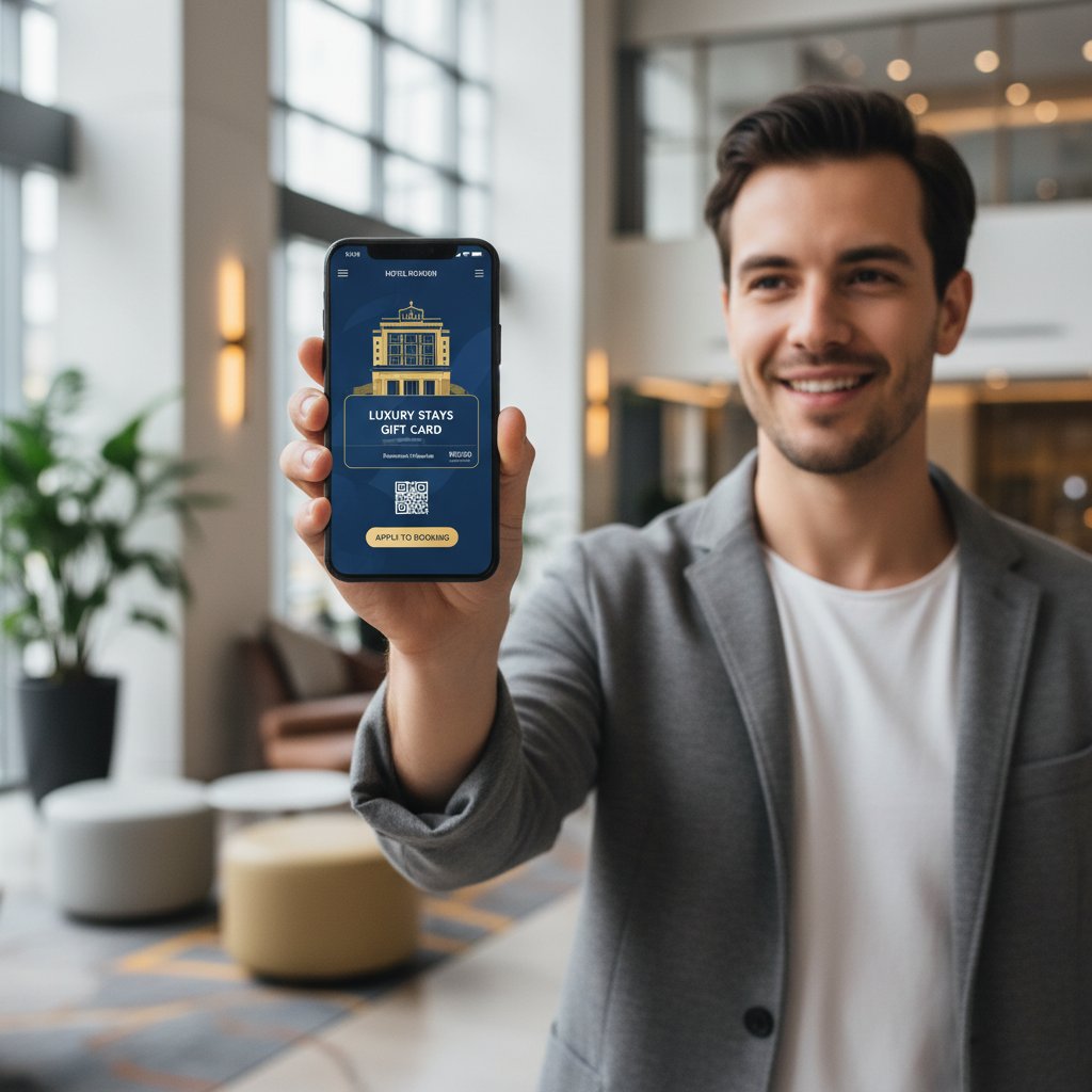 Młoda osoba zarządza kartą podarunkową hotelową przez aplikację mobilną – nowoczesność, technologia