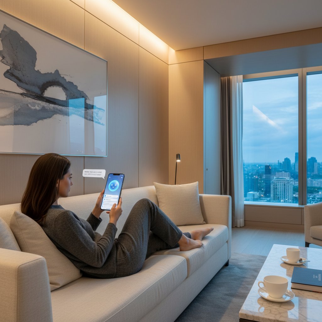Gość hotelowy korzystający z chatbotu na telefonie w pokoju