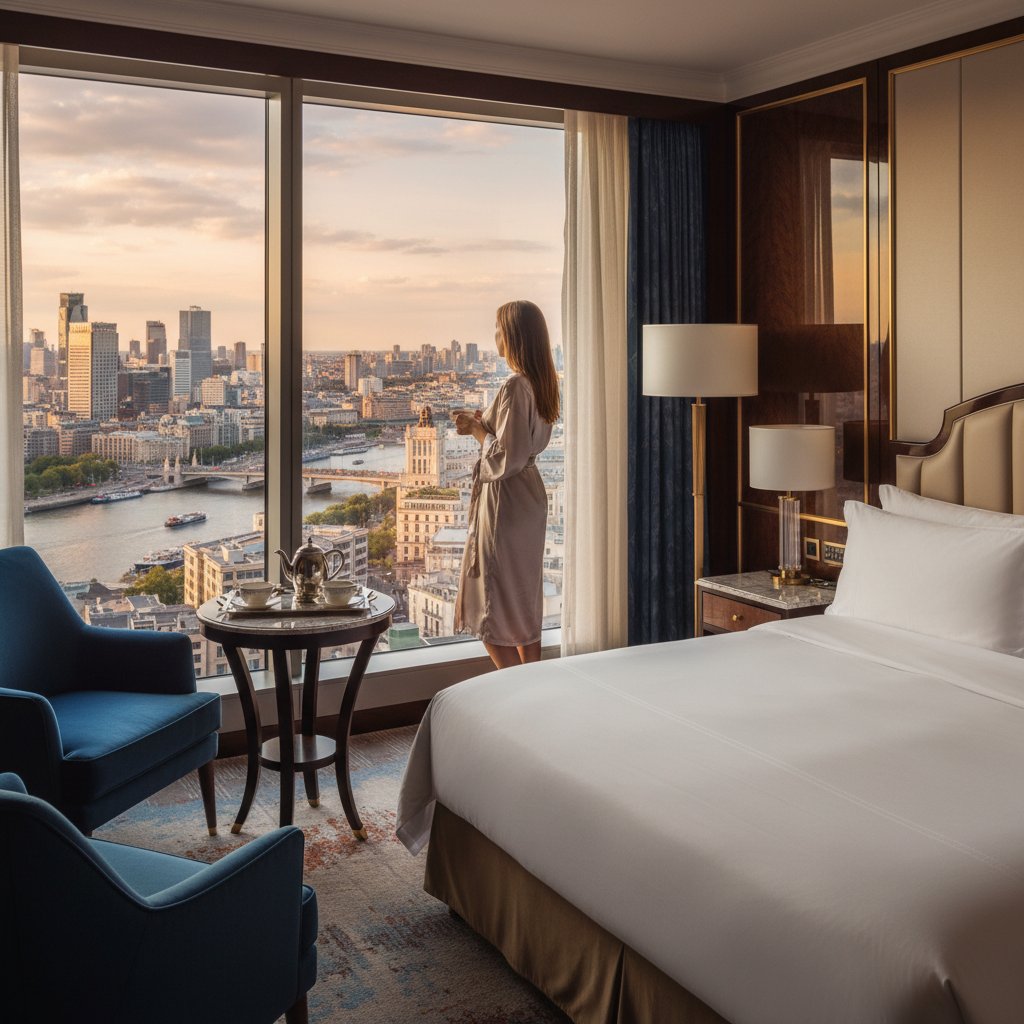 Gość hotelowy relaksujący się w pokoju z widokiem na miasto, symbol luksusu