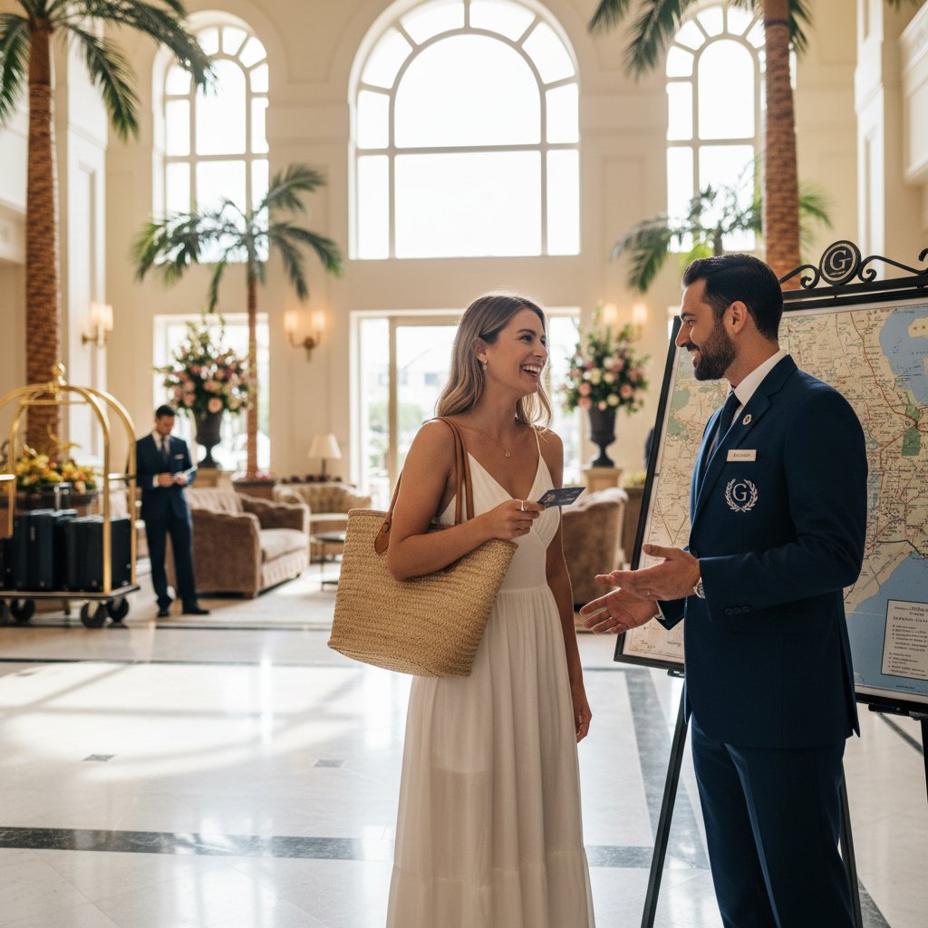 Gość hotelowy rozmawiający z uśmiechniętym concierge, relacja ważniejsza niż marmury