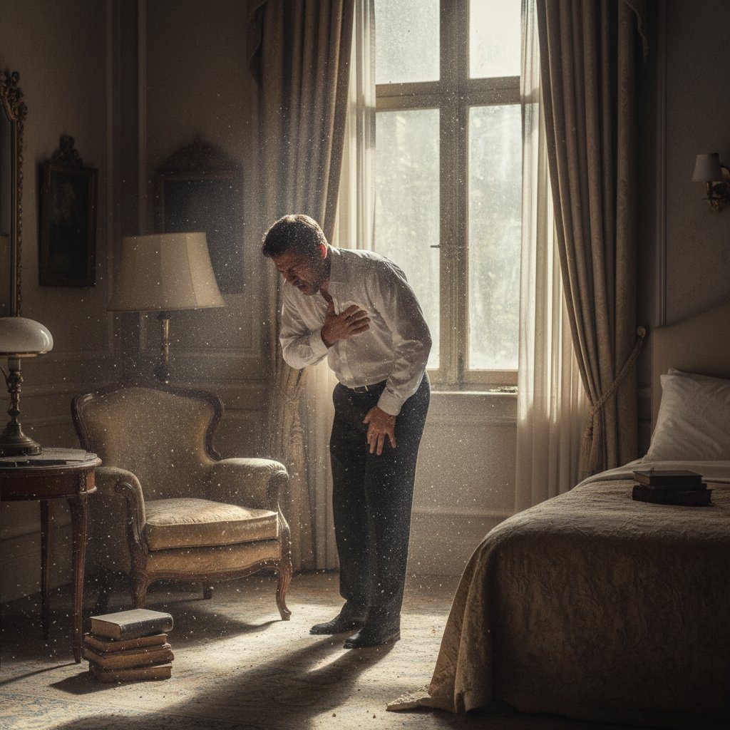 Gość hotelowy kaszlący w pokoju, widoczne światło padające na drobinki kurzu w powietrzu