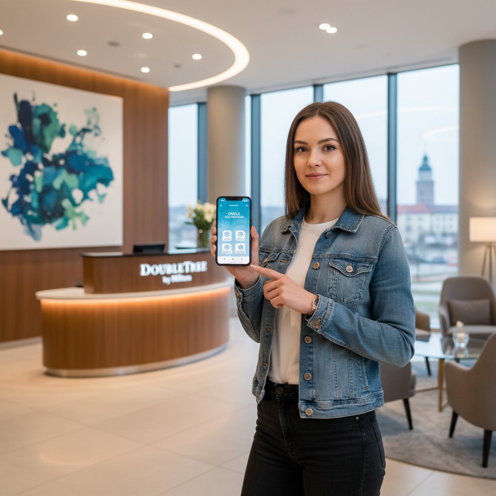 Gość korzystający z aplikacji hotelowej w smartfonie – lobby hotelu w Opolu