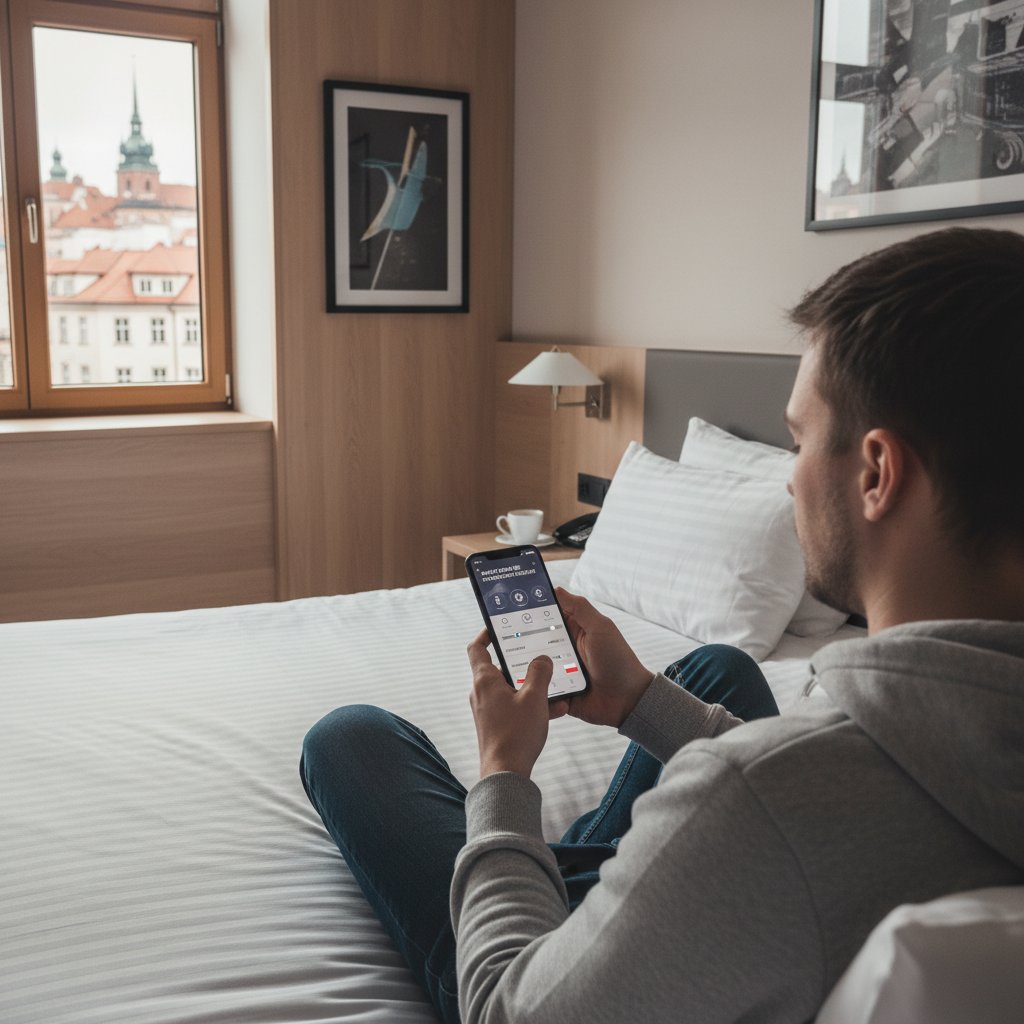 Gość korzystający z aplikacji mobilnej do obsługi pokoju hotelowego, Polska