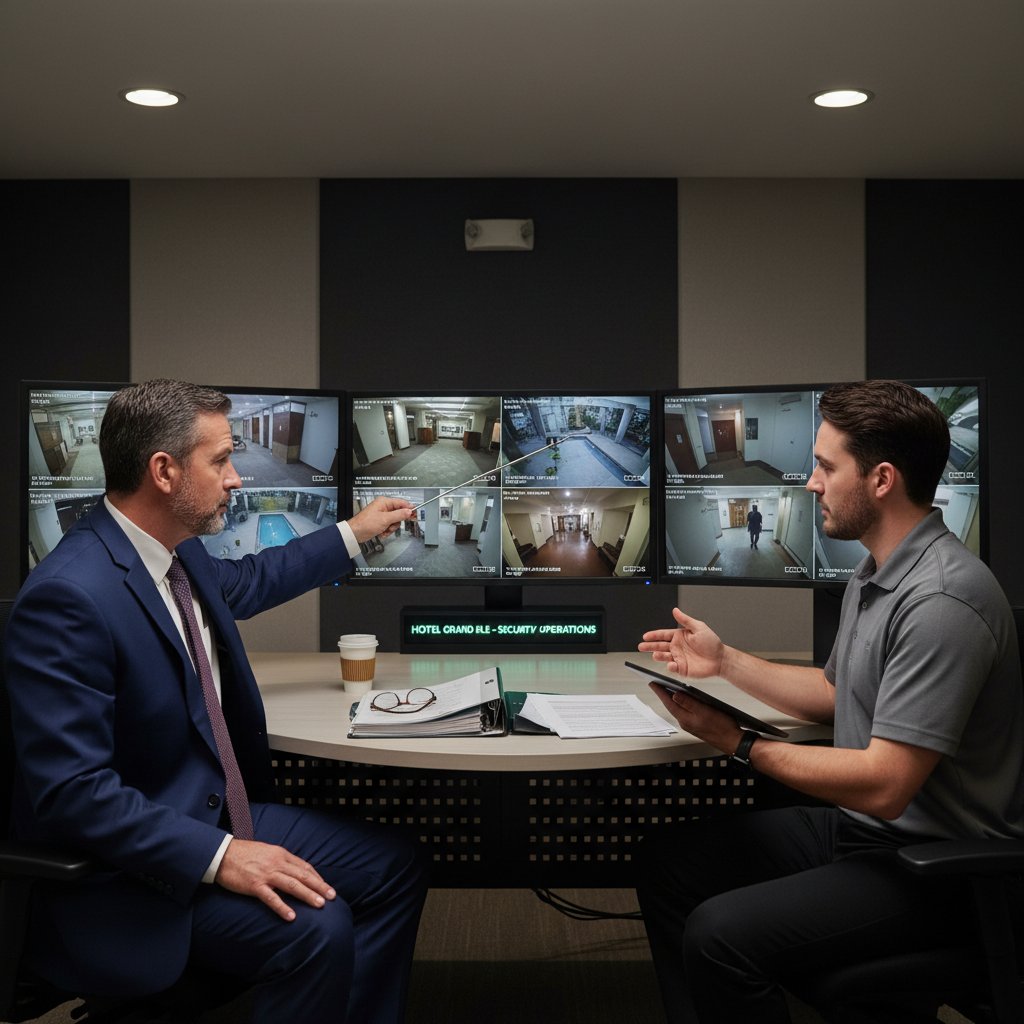 Manager hotelu sprawdzający system monitoringu na ekranie