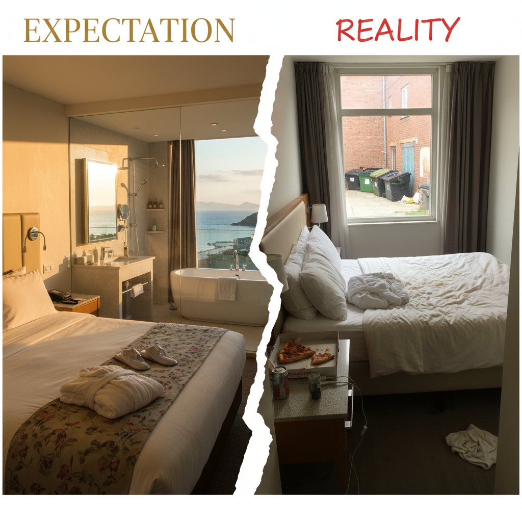 Różnice między zdjęciami a rzeczywistością hotelu, kolaż zdjęć marketingowych i realnych