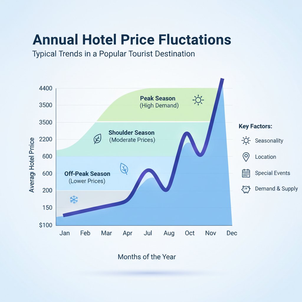 Wykres zmian cen hoteli w ciągu roku, pokazujący największe wahania