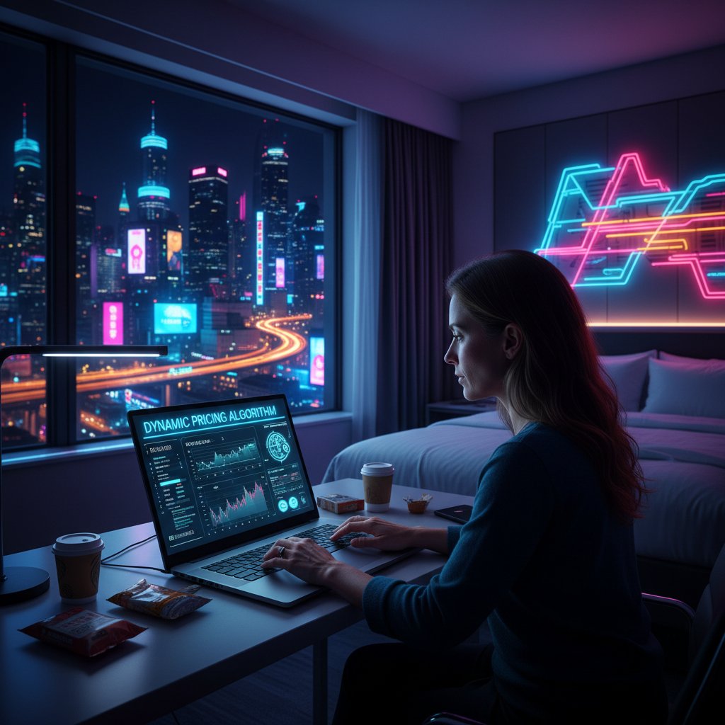 Algorytmy cenowe hoteli i dynamiczne zmiany cen na ekranie laptopa podróżnika w lobby hotelu nocą