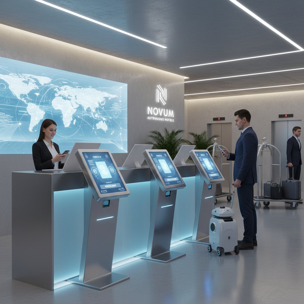 Nowoczesna recepcja hotelowa bez obsługi, gość korzystający z aplikacji mobilnej do wymeldowania