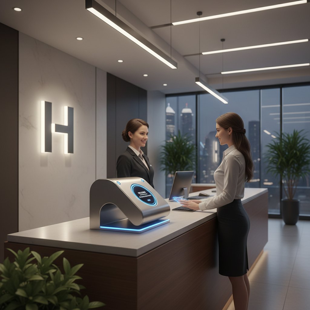 Recepcja hotelu z terminalem biometrycznym przy wejściu dla gości