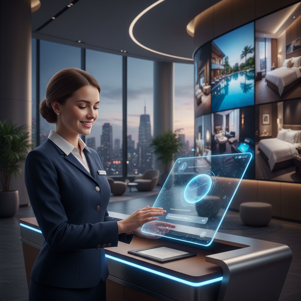 Recepcjonistka hotelowa korzystająca z chatbota do rezerwacji w recepcji