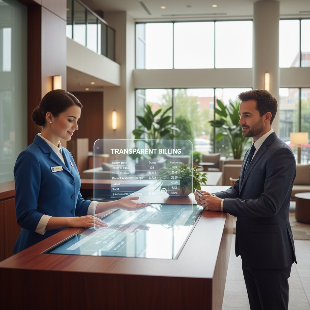 Recepcjonista tłumaczący zasady płatności klientowi, wyraźny nacisk na przejrzystość