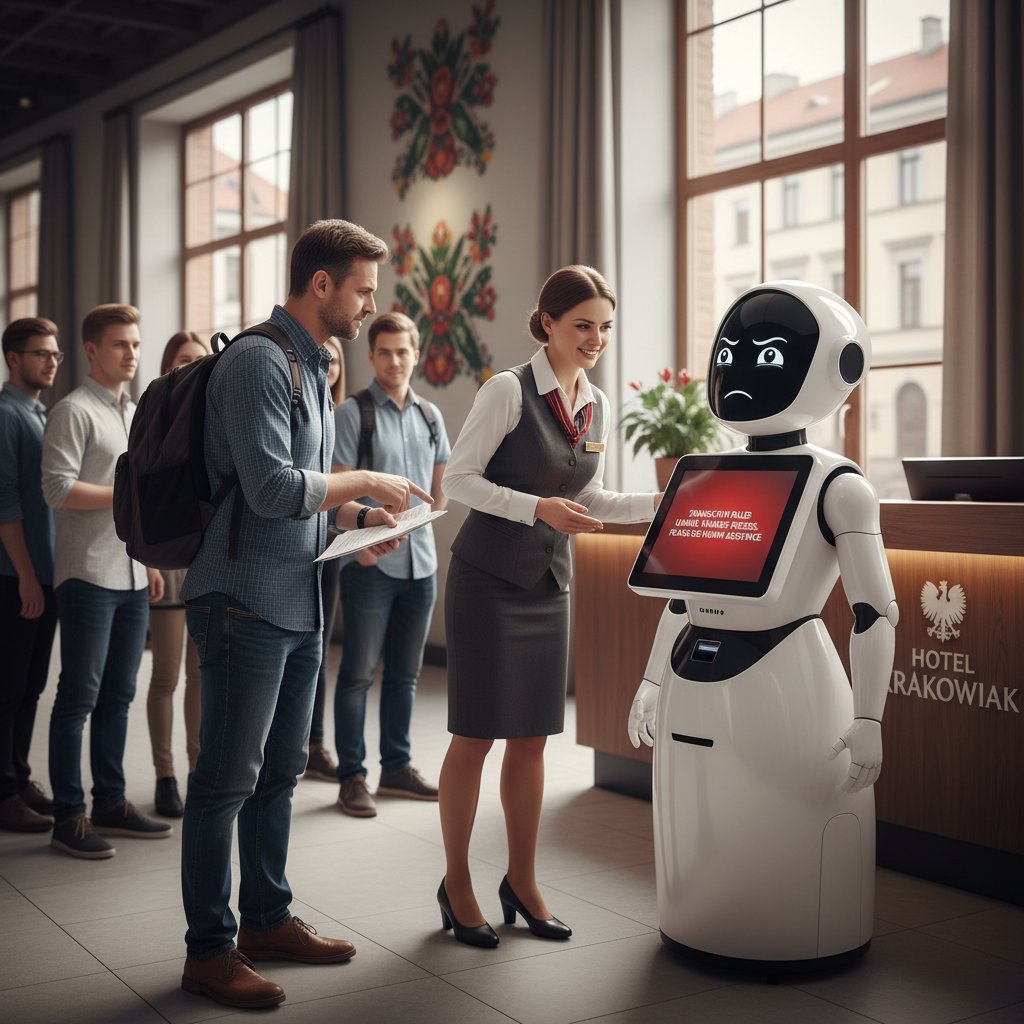 Recepcjonista interweniujący po nieudanej rozmowie gościa z chatbotem, lobby hotelowe, Polska