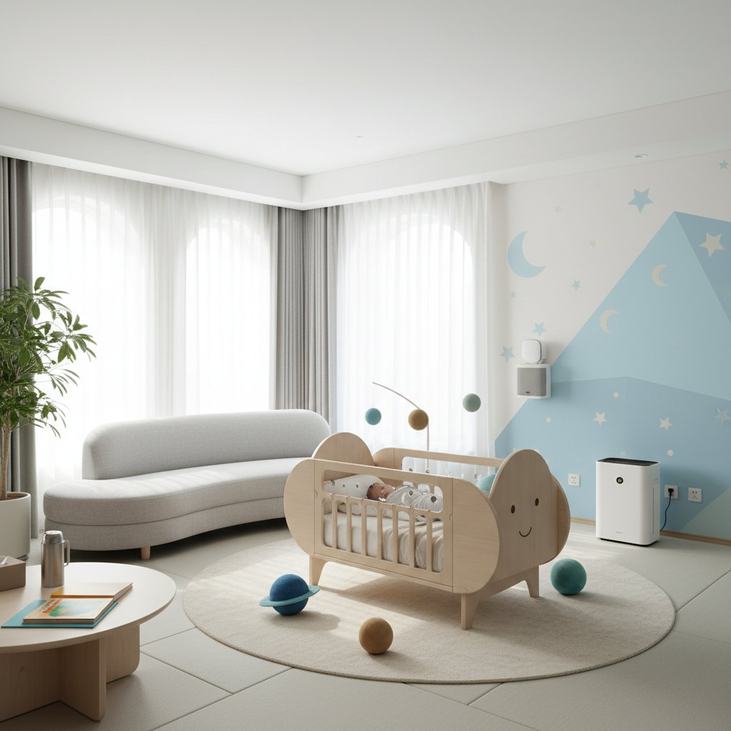 Kreatywnie zaaranżowany pokój hotelowy z bezpiecznym łóżeczkiem dziecięcym, jasne kolory, dużo światła