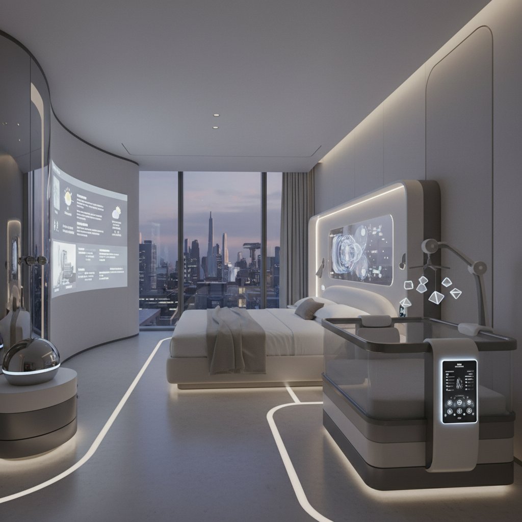 Nowoczesny pokój hotelowy z elektronicznym monitoringiem łóżeczka, sterowanie klimatem przez aplikację