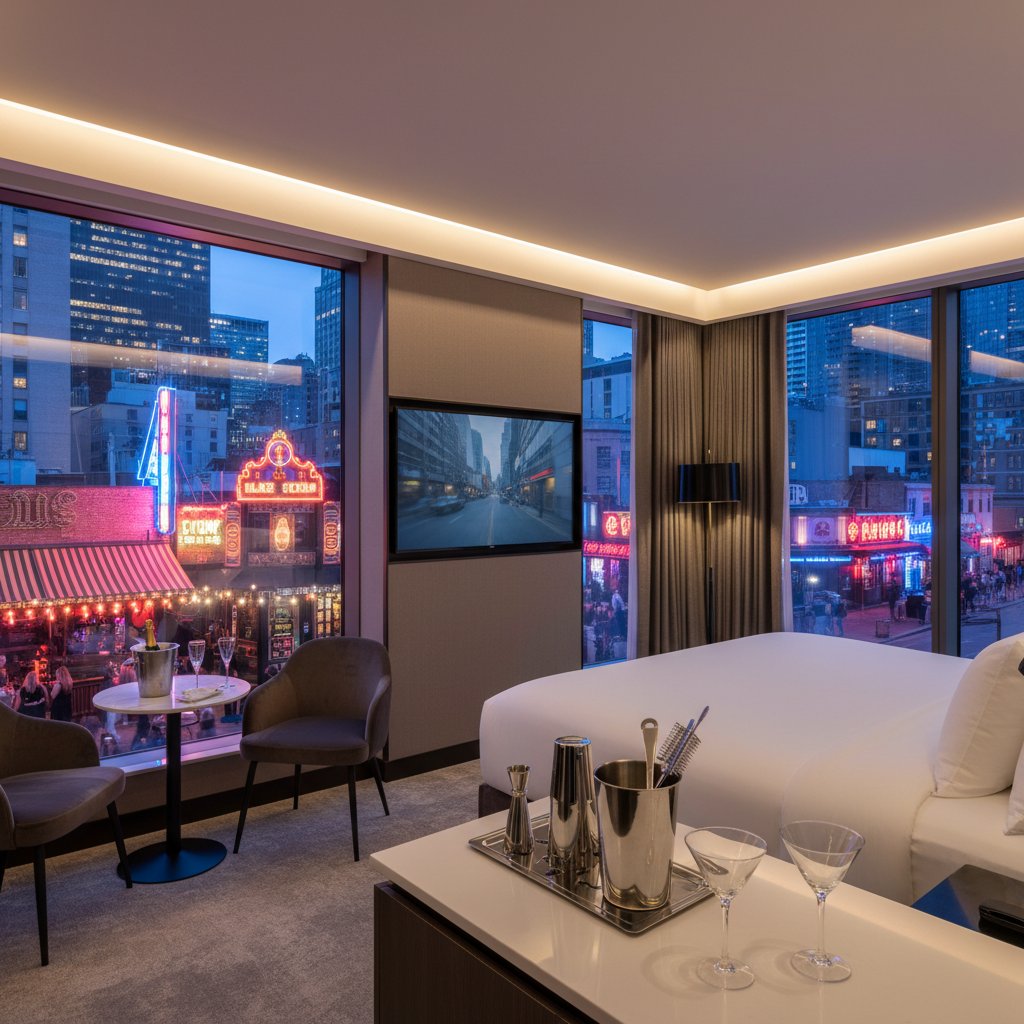 Pokój hotelowy z widokiem na tętniące życiem bary – kontrast ciszy i gwaru nocnego