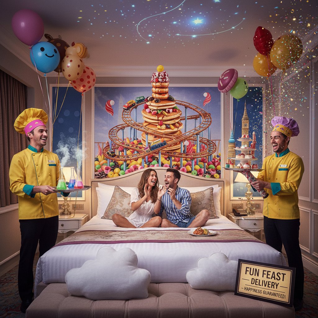 Kreatywna obsługa room service – taca z nietypowym zamówieniem, uśmiechnięty pracownik