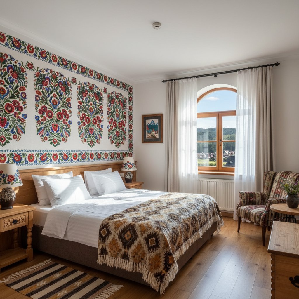 Pokój hotelowy w Olsztynku w stylu regionalnym, przytulny, słoneczny, czysty